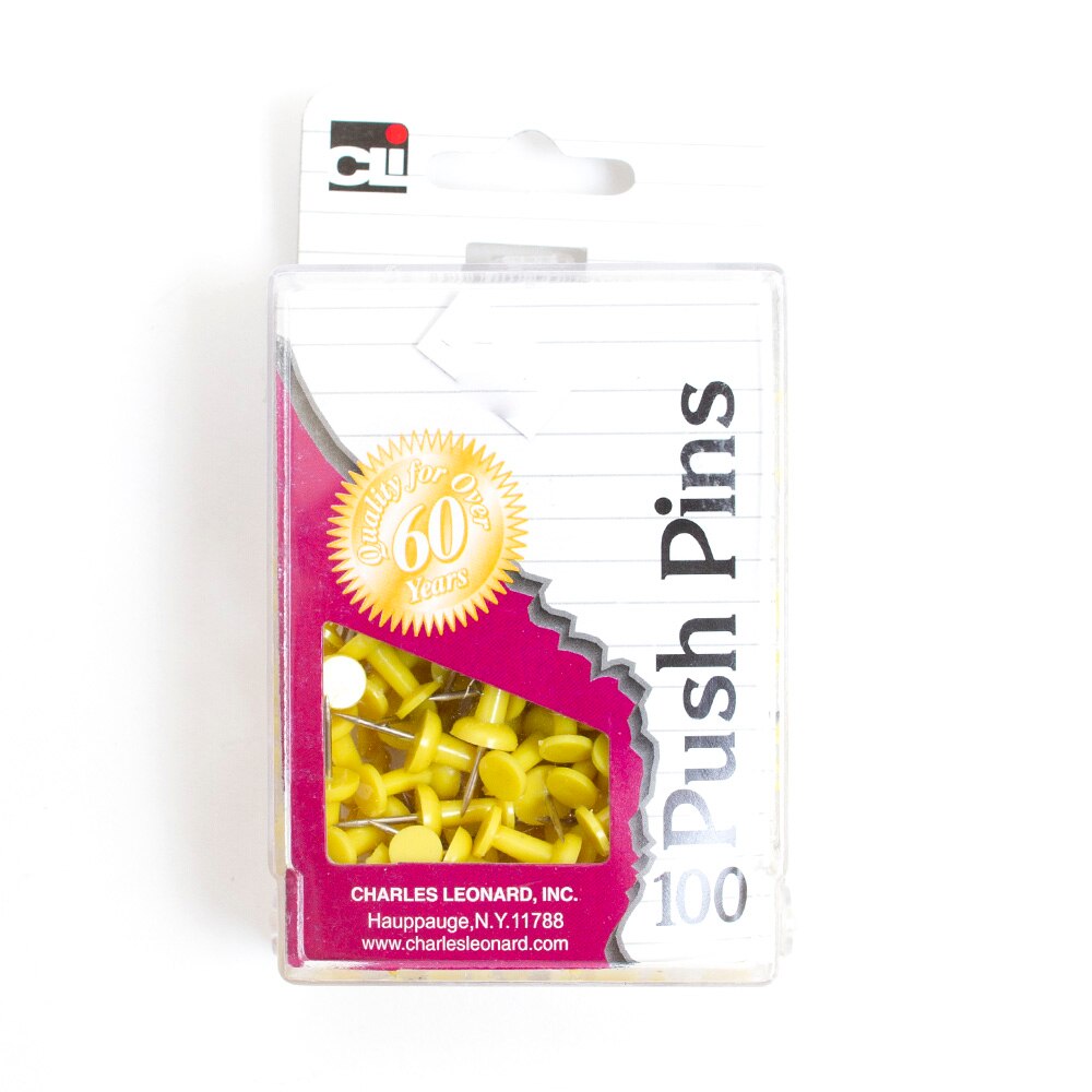 Charles Leonard, Inc., Tacks, Pins & Clips, Art & School, Push Pins, 100 count, 29180, Yellow